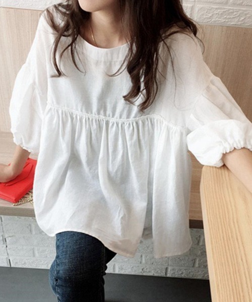 Miniministore（ミニミニストア）の「綿麻風ブラウス ペプラムブラウスきれいめ半袖（シャツ/ブラウス・レディース・グリーン/フューシャピンク/ホワイト・FREE）」の2枚目の写真