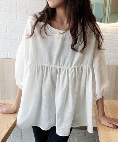 Miniministore（ミニミニストア）の「綿麻風ブラウス ペプラムブラウスきれいめ半袖（シャツ/ブラウス・レディース・グリーン/フューシャピンク/ホワイト・FREE）」の6枚目の写真