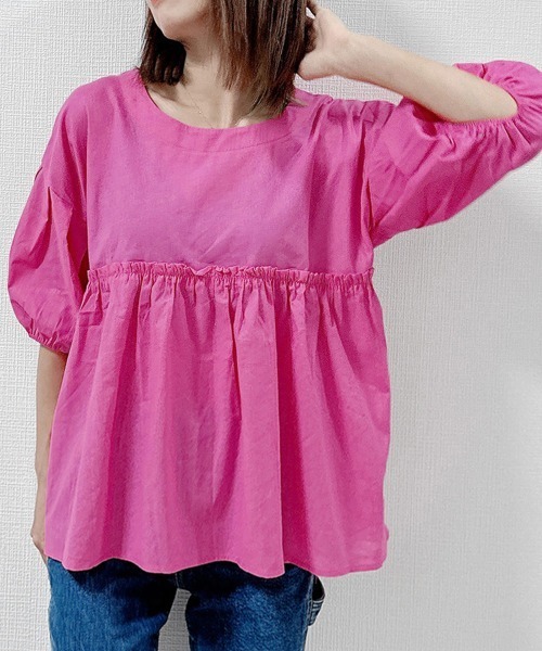 Miniministore（ミニミニストア）の「綿麻風ブラウス ペプラムブラウスきれいめ半袖（シャツ/ブラウス・レディース・グリーン/フューシャピンク/ホワイト・FREE）」の9枚目の写真