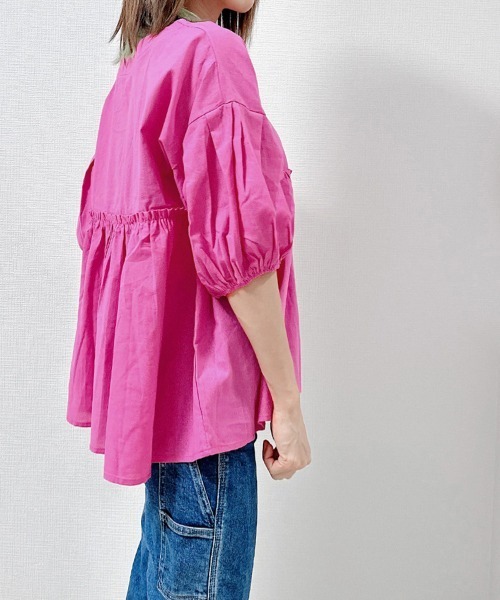 Miniministore（ミニミニストア）の「綿麻風ブラウス ペプラムブラウスきれいめ半袖（シャツ/ブラウス・レディース・グリーン/フューシャピンク/ホワイト・FREE）」の10枚目の写真