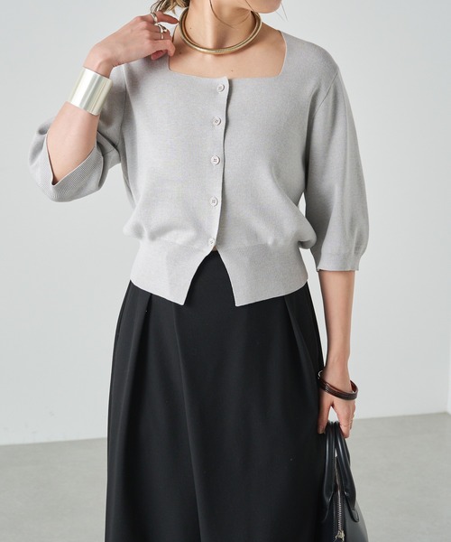 Omekashi（オメカシ）の「半袖スクエアニットカーディガン（カーディガン/ボレロ・レディース・ブラック/ブルー/ライトグレー/レッド/チャコールグレー/オフホワイト・FREE）」の8枚目の写真