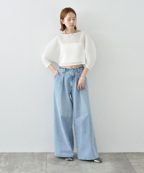 CODE A(コードエー)の「◆sheer pleats tops(Tシャツ/カットソー・レディース・ライトベージュ/ブラック/ホワイト・00)」の9枚目の写真