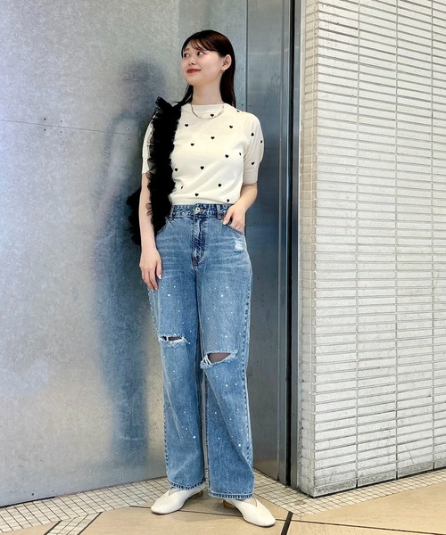 VIS(ビス)の「リネンタッチハート刺繍半袖ニットプルオーバー(ニット/セーター・レディース・キナリ/グレー・FREE)」の3枚目の写真