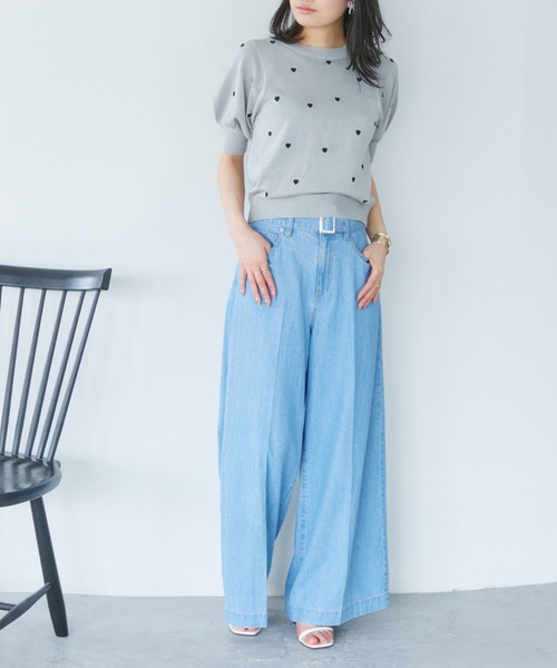 VIS(ビス)の「リネンタッチハート刺繍半袖ニットプルオーバー(ニット/セーター・レディース・キナリ/グレー・FREE)」の5枚目の写真