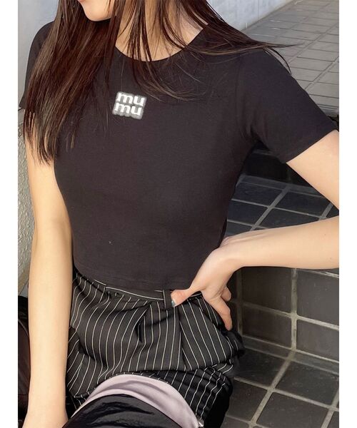 MURUA（ムルーア）の「ロゴクロップトTシャツ（Tシャツ/カットソー・レディース・オレンジ/その他1/ネイビー/ブラック/ホワイト・FREE）」の3枚目の写真