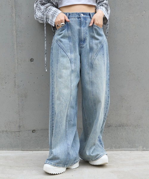 RAY CASSIN（レイカズン）の「デニム切替ワイドパンツ（デニムパンツ・レディース・グレー/ブルー系その他/スカイブルー・1/0）」の3枚目の写真