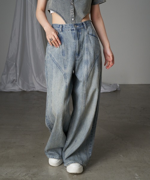 RAY CASSIN（レイカズン）の「デニム切替ワイドパンツ（デニムパンツ・レディース・グレー/ブルー系その他/スカイブルー・1/0）」の4枚目の写真