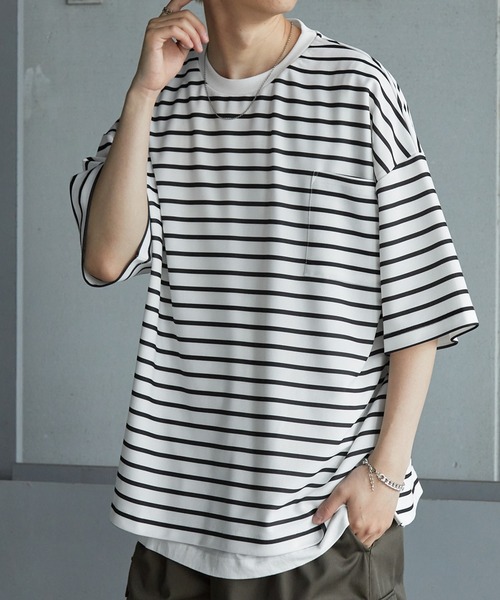 Anchor Smith（アンカー スミス）の「【2点セット】梨地サイドスリットビックシルエット接触冷感クルーネックTシャツ＆ベーシックタンクトップ（Tシャツ/カットソー・メンズ・ワイン/ブラック×ホワイト/ブラック/ブルーグリーン/ホワイト×ブラック/ライトグレー/ホワイト/ライトブルー/ベージュ/ネイビー・L/M）」の4枚目の写真