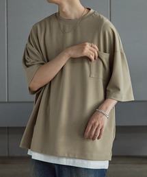 【2点セット】梨地サイドスリットビックシルエット接触冷感クルーネックTシャツ&ベーシックタンクトップ