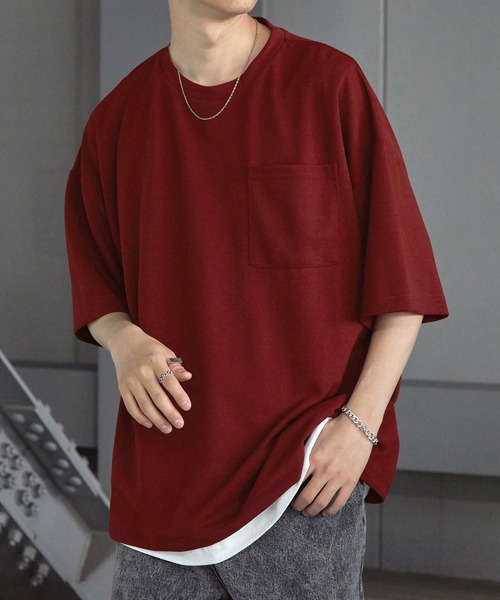 Anchor Smith（アンカー スミス）の「【2点セット】梨地サイドスリットビックシルエット接触冷感クルーネックTシャツ＆ベーシックタンクトップ（Tシャツ/カットソー・メンズ・ワイン/ブラック×ホワイト/ブラック/ブルーグリーン/ホワイト×ブラック/ライトグレー/ホワイト/ライトブルー/ベージュ/ネイビー・L/M）」の2枚目の写真