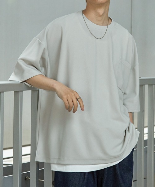 Anchor Smith（アンカー スミス）の「【2点セット】梨地サイドスリットビックシルエット接触冷感クルーネックTシャツ＆ベーシックタンクトップ（Tシャツ/カットソー・メンズ・ワイン/ブラック×ホワイト/ブラック/ブルーグリーン/ホワイト×ブラック/ライトグレー/ホワイト/ライトブルー/ベージュ/ネイビー・L/M）」の7枚目の写真