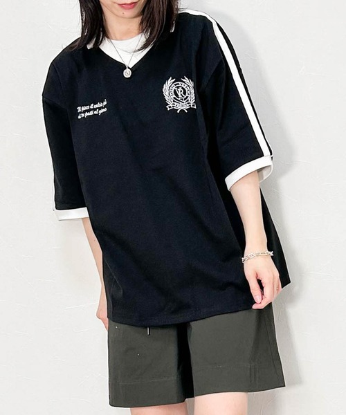 Ritzy(リッツィー)の「16/TC天竺 ライン入りスキッパーTシャツ(ポロシャツ・メンズ・ブラック/ホワイト・LARGE/X-LARGE/MEDIUM)」の2枚目の写真