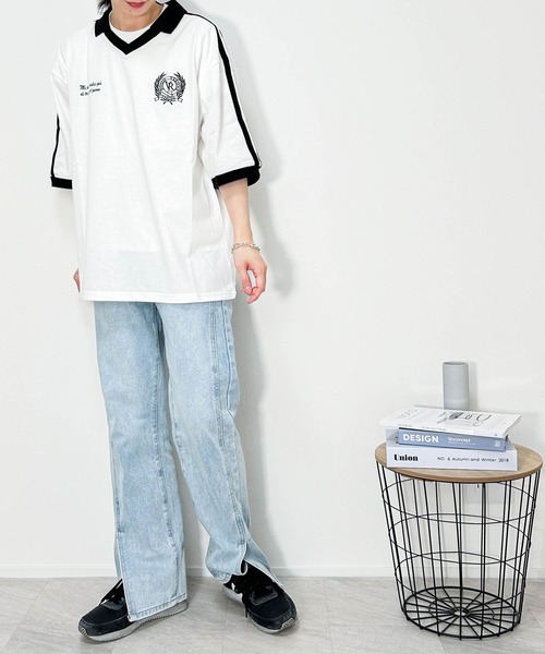 Ritzy(リッツィー)の「16/TC天竺 ライン入りスキッパーTシャツ(ポロシャツ・メンズ・ブラック/ホワイト・LARGE/X-LARGE/MEDIUM)」の3枚目の写真