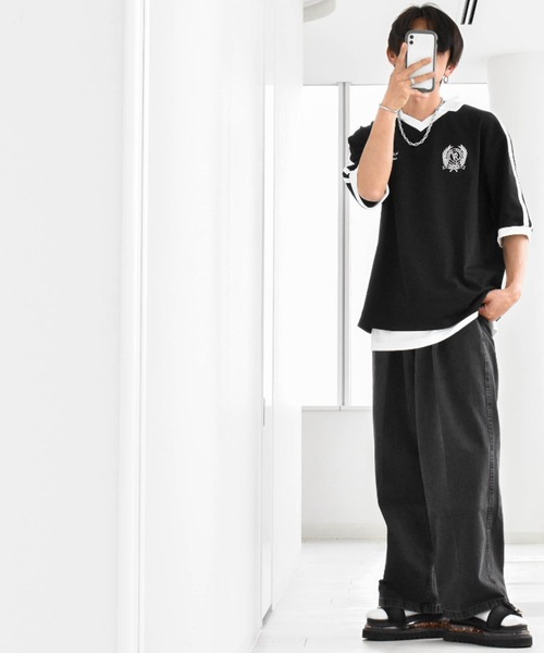 Ritzy(リッツィー)の「16/TC天竺 ライン入りスキッパーTシャツ(ポロシャツ・メンズ・ブラック/ホワイト・LARGE/X-LARGE/MEDIUM)」の15枚目の写真