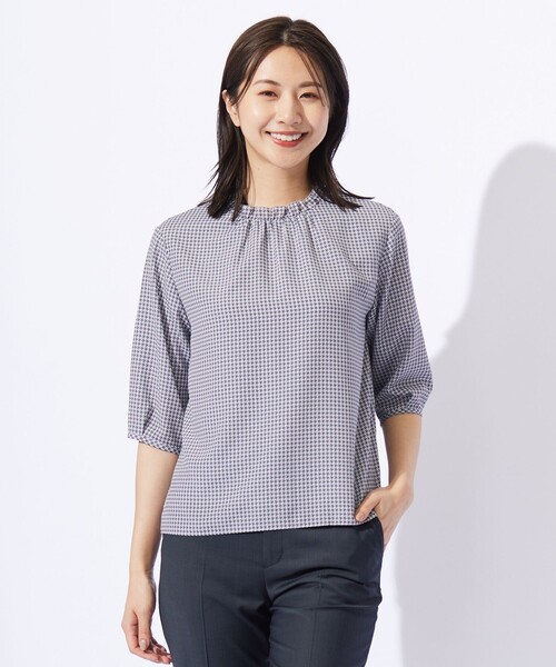 J.PRESS Ladies(J.プレス レディス)の「千鳥プリント フリル襟 カットソー(Tシャツ/カットソー・レディース・ネイビー系5/ライトグレー系5/ホワイト系5・SMALL)」の1枚目の写真