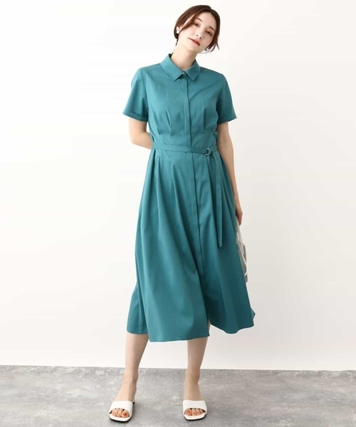 MK MICHEL KLEIN（エムケーミッシェルクラン）の「ウエストタックシャツワンピース/洗える（シャツワンピース・レディース・グリーン/モカ・38）」の2枚目の写真