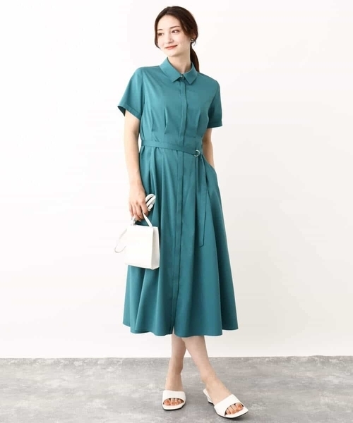 MK MICHEL KLEIN（エムケーミッシェルクラン）の「ウエストタックシャツワンピース/洗える（シャツワンピース・レディース・グリーン/モカ・38）」の3枚目の写真