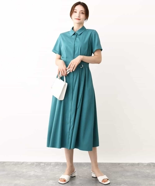 MK MICHEL KLEIN（エムケーミッシェルクラン）の「ウエストタックシャツワンピース/洗える（シャツワンピース・レディース・グリーン/モカ・38）」の4枚目の写真