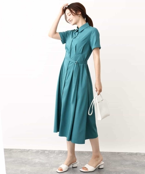 MK MICHEL KLEIN（エムケーミッシェルクラン）の「ウエストタックシャツワンピース/洗える（シャツワンピース・レディース・グリーン/モカ・38）」の5枚目の写真