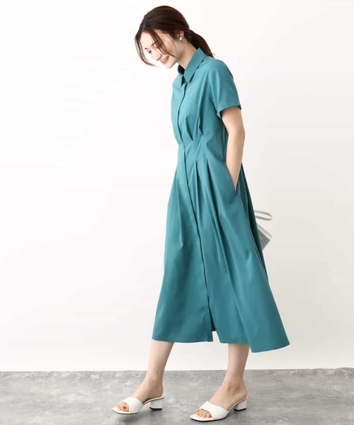 MK MICHEL KLEIN（エムケーミッシェルクラン）の「ウエストタックシャツワンピース/洗える（シャツワンピース・レディース・グリーン/モカ・38）」の7枚目の写真