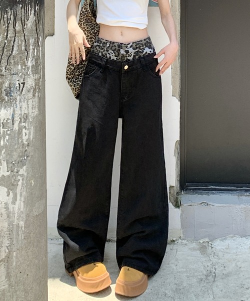 Vipoa(ヴィポア)の「フェイクツーピース ヒョウ柄ワイドデニムパンツ(デニムパンツ・レディース・ブラック・MEDIUM/SMALL)」の10枚目の写真