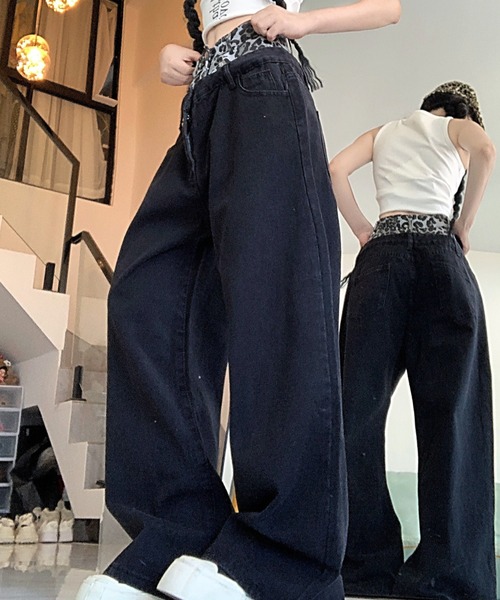 Vipoa(ヴィポア)の「フェイクツーピース ヒョウ柄ワイドデニムパンツ(デニムパンツ・レディース・ブラック・MEDIUM/SMALL)」の17枚目の写真