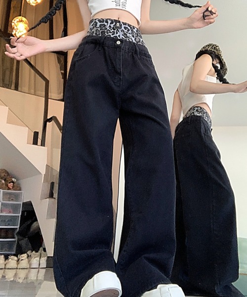 Vipoa(ヴィポア)の「フェイクツーピース ヒョウ柄ワイドデニムパンツ(デニムパンツ・レディース・ブラック・MEDIUM/SMALL)」の18枚目の写真