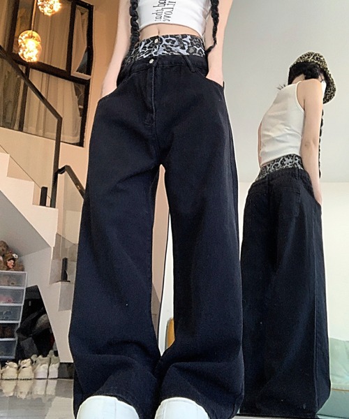 Vipoa(ヴィポア)の「フェイクツーピース ヒョウ柄ワイドデニムパンツ(デニムパンツ・レディース・ブラック・MEDIUM/SMALL)」の21枚目の写真