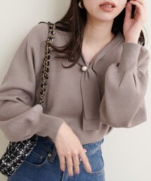 配色使いパール付きボウタイニット