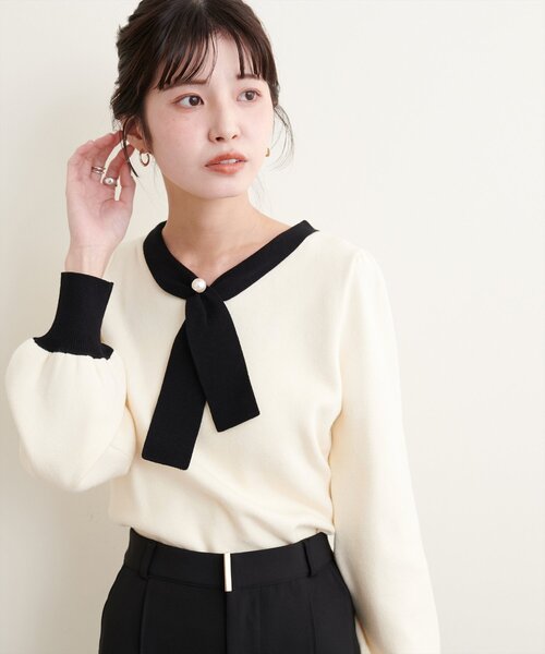 natural couture(ナチュラルクチュール)の「配色使いパール付きボウタイニット(ニット/セーター・レディース・アイボリー/サックスブルー/ボルドー/モカ/その他1・FREE)」の7枚目の写真