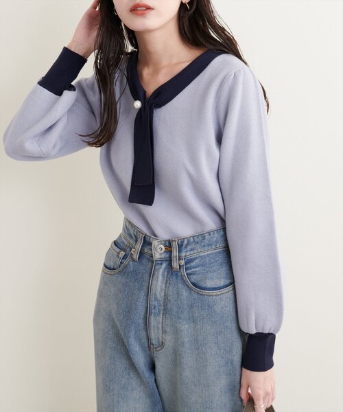 natural couture(ナチュラルクチュール)の「配色使いパール付きボウタイニット(ニット/セーター・レディース・アイボリー/サックスブルー/ボルドー/モカ/その他1・FREE)」の19枚目の写真