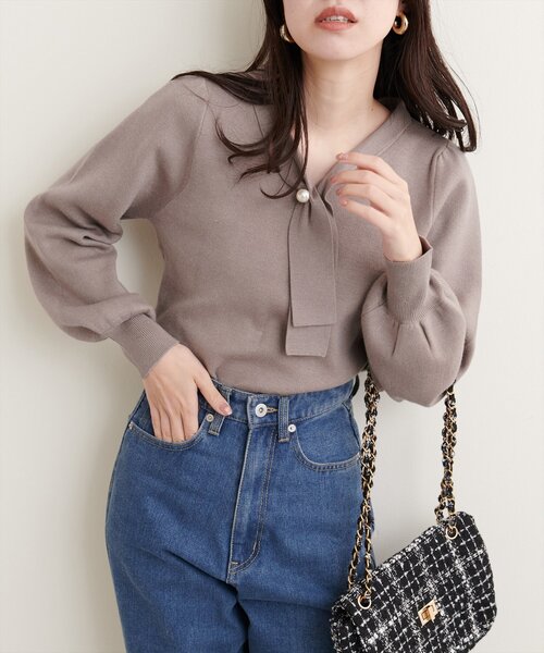 natural couture(ナチュラルクチュール)の「配色使いパール付きボウタイニット(ニット/セーター・レディース・アイボリー/サックスブルー/ボルドー/モカ/その他1・FREE)」の15枚目の写真