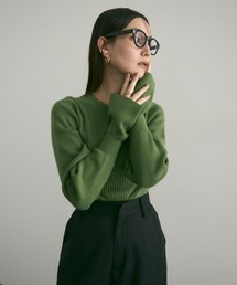 フレアスリーブクルーネックリブニット