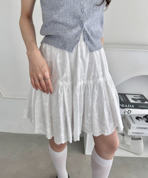 *Isabel Marant* コットンシルク刺繍レースミニスカート セール】リボン刺繍コットンレースミニスカート（スカート