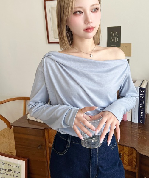 セール】オフショルドレープ長袖プルオーバー（Tシャツ/カットソー
