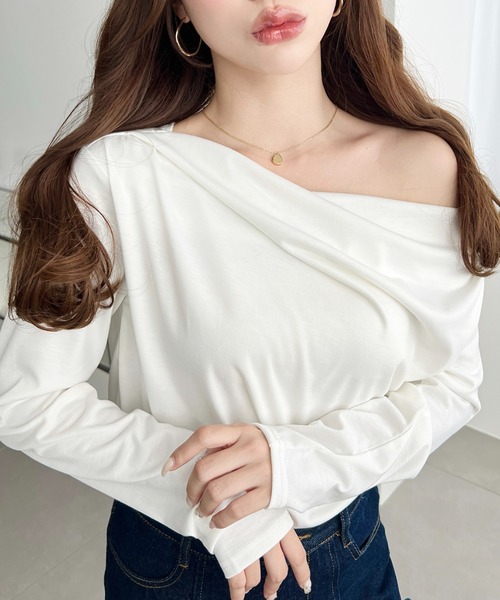 moment+(モーメントプラス)の「オフショルドレープ長袖プルオーバー(Tシャツ/カットソー・レディース・杢グレー/グレイッシュベージュ/イエロー/ブラック/オフホワイト/サックスブルー/ピンク・M/L)」の9枚目の写真