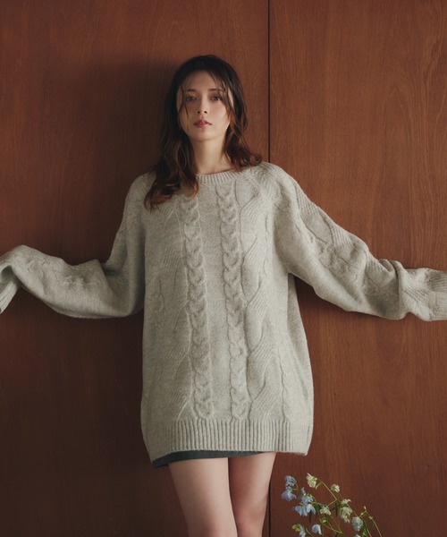 fupel（フぺル）の「back open 2way mix cable knit / バックオープン 2way ミックスケーブルニット（ニット/セーター・レディース・ピンク/ライトグレー・FREE）」の20枚目の写真