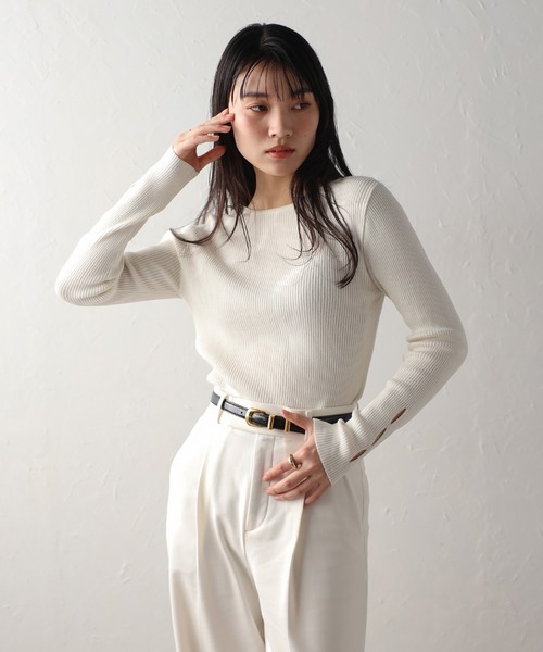 ENC（エンク）の「holed sleeve boat neck knit / ホールドスリーブボートネックニット（ニット/セーター・レディース・アイボリー/ブラック/ブラウン系その他/グレー・FREE）」の6枚目の写真