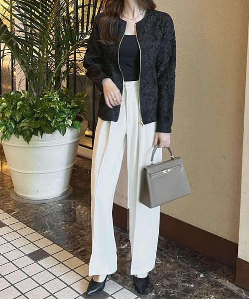 Futier land（フューティアランド）の「【オケージョン対応】ジャガードフラワーペプラムジャケット（ノーカラージャケット・レディース・ブラック/ベージュ・MEDIUM/LARGE）」の12枚目の写真