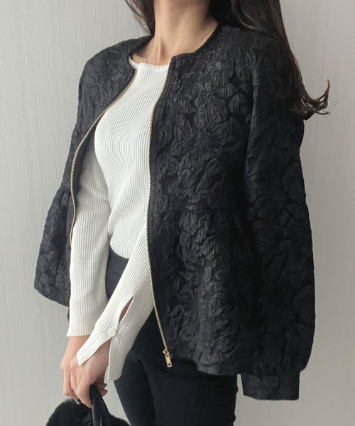 Futier land（フューティアランド）の「【オケージョン対応】ジャガードフラワーペプラムジャケット（ノーカラージャケット・レディース・ブラック/ベージュ・MEDIUM/LARGE）」の11枚目の写真