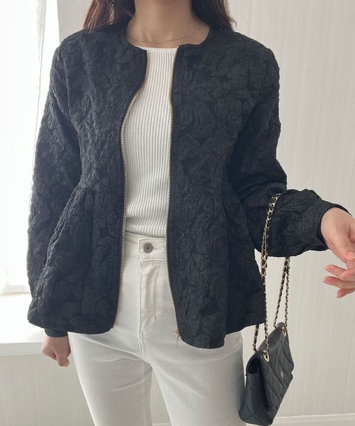 Futier land（フューティアランド）の「【オケージョン対応】ジャガードフラワーペプラムジャケット（ノーカラージャケット・レディース・ブラック/ベージュ・MEDIUM/LARGE）」の10枚目の写真