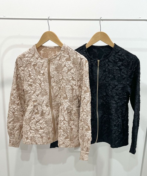 Futier land（フューティアランド）の「【オケージョン対応】ジャガードフラワーペプラムジャケット（ノーカラージャケット・レディース・ブラック/ベージュ・MEDIUM/LARGE）」の8枚目の写真
