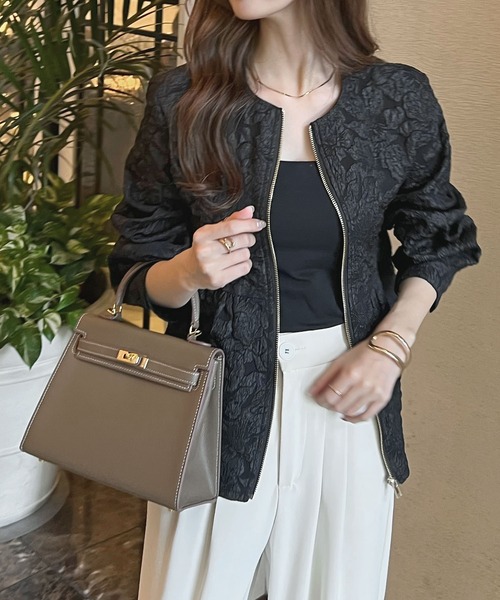 Futier land（フューティアランド）の「【オケージョン対応】ジャガードフラワーペプラムジャケット（ノーカラージャケット・レディース・ブラック/ベージュ・MEDIUM/LARGE）」の18枚目の写真