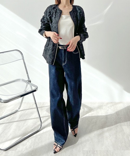 Futier land（フューティアランド）の「【オケージョン対応】ジャガードフラワーペプラムジャケット（ノーカラージャケット・レディース・ブラック/ベージュ・MEDIUM/LARGE）」の14枚目の写真