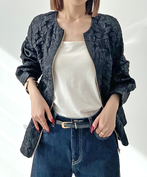 Futier land（フューティアランド）の「【オケージョン対応】ジャガードフラワーペプラムジャケット（ノーカラージャケット・レディース・ブラック/ベージュ・MEDIUM/LARGE）」の16枚目の写真