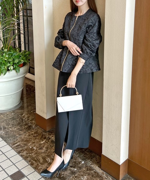 Futier land（フューティアランド）の「【オケージョン対応】ジャガードフラワーペプラムジャケット（ノーカラージャケット・レディース・ブラック/ベージュ・MEDIUM/LARGE）」の21枚目の写真