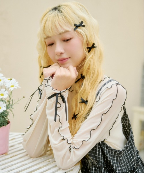 kutir(クティール)の「【新色追加】アソート袖リボンシアーメロートップス(Tシャツ/カットソー・レディース・イエロー/ブルー/アイボリー/ベージュ/ブルー系その他/オレンジ/ナチュラル/その他/ブルー系/グリーン/ブラック/イエロー系その他・FREE)」の2枚目の写真