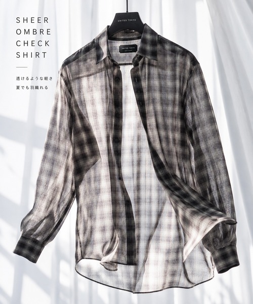 UNITED TOKYO(ユナイテッドトウキョウ)の「国産【尾州ウール】DRY WOOL シアーオンブレチェックシャツ |夏服|防臭|防シワ|通気性|インナー|レイヤード(シャツ/ブラウス・メンズ・ブラック/ブラウン・1/2)」の2枚目の写真