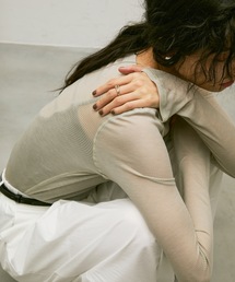 Sheer rib loose cuff tops / シアーリブルーズカフスクルーネックトップス