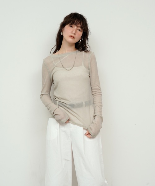 Lutim by u（ルチバイユー）の「Sheer rib loose cuff tops / シアーリブルーズカフスクルーネックトップス（Tシャツ/カットソー・レディース・クリーム/オフホワイト/ブラック/グレイッシュベージュ・FREE）」の8枚目の写真
